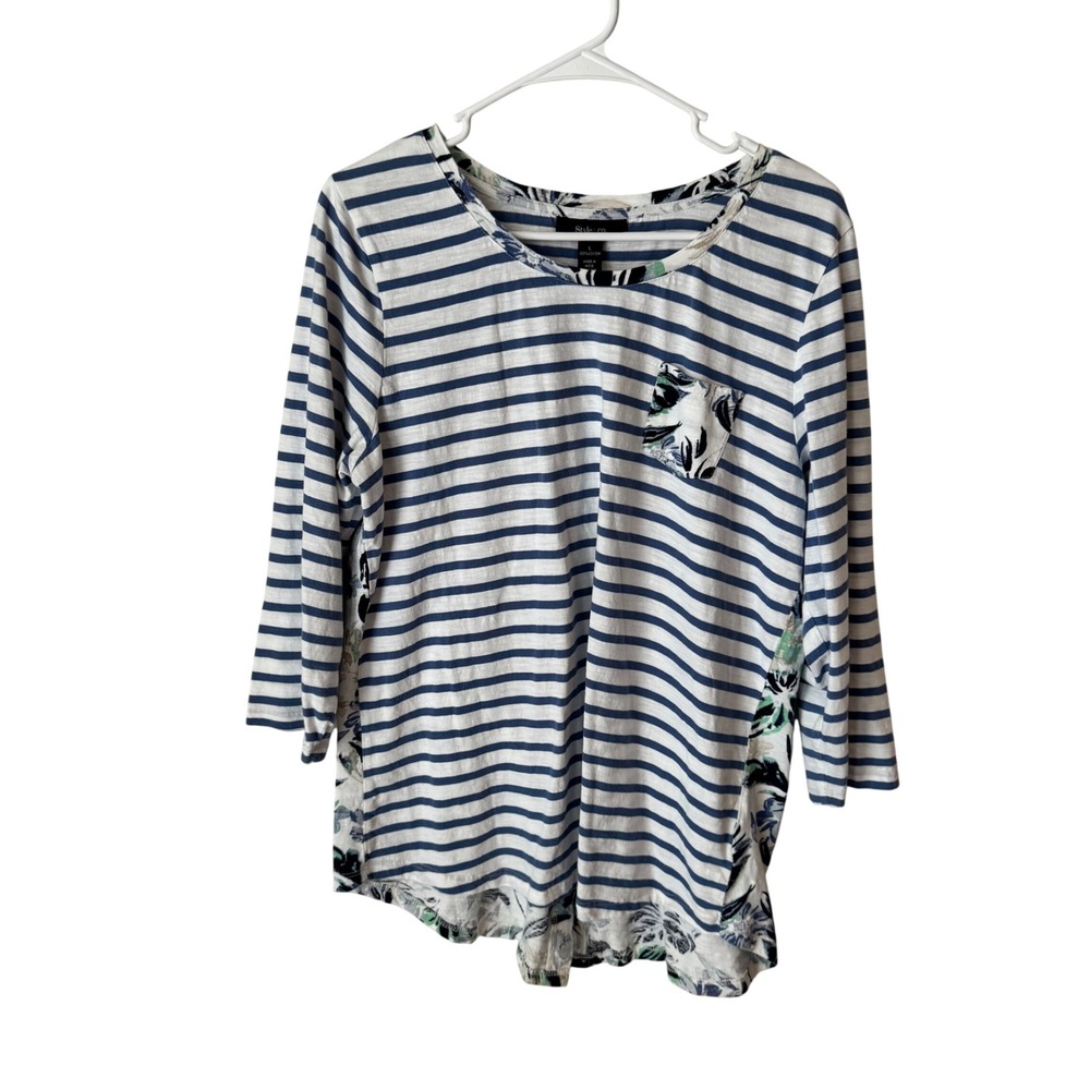Style &‎ Co Womens Blue White Striped Floral Mixed Media Button Back Top Large